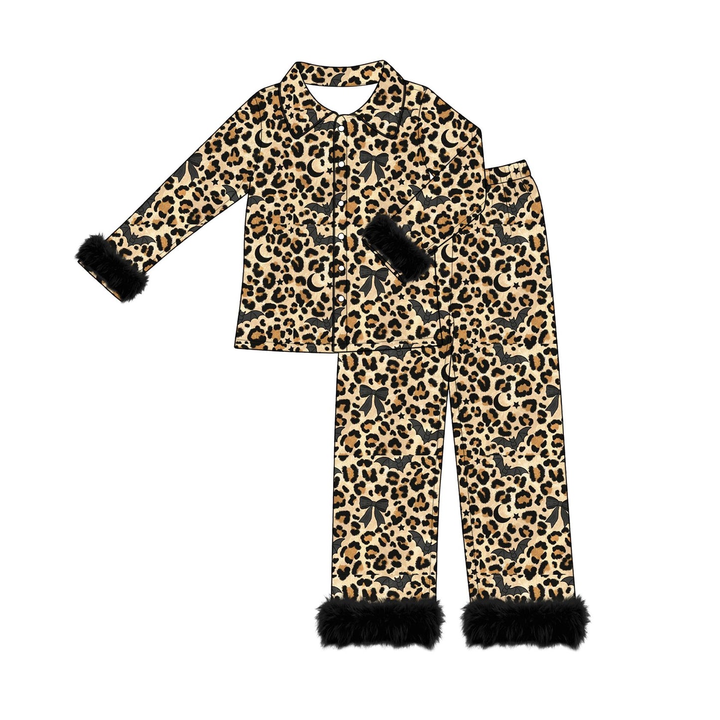 ( Moq 5 ) Preorder Adult Women Bats Bows Leopard Buttons Shirt Black Fur Pants Pajamas Halloween Set