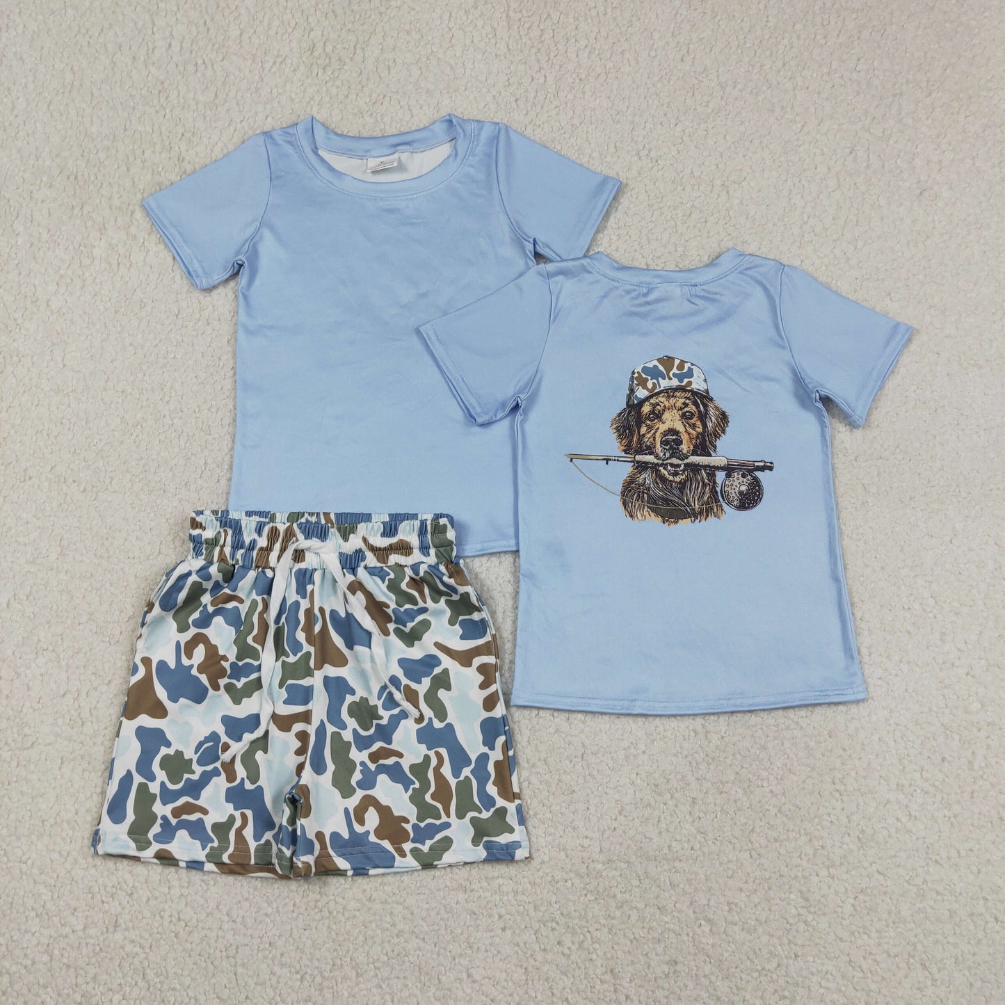 Baby Boys Kids Blue Short Sleeves Dog Fishing Shirt Camo Pockets Shorts Set RTS