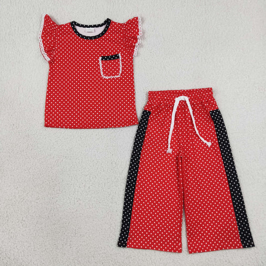 Baby Girls Kids Short Sleeves Dots Pocket Tops Pants Red Set Team Clothes RTS