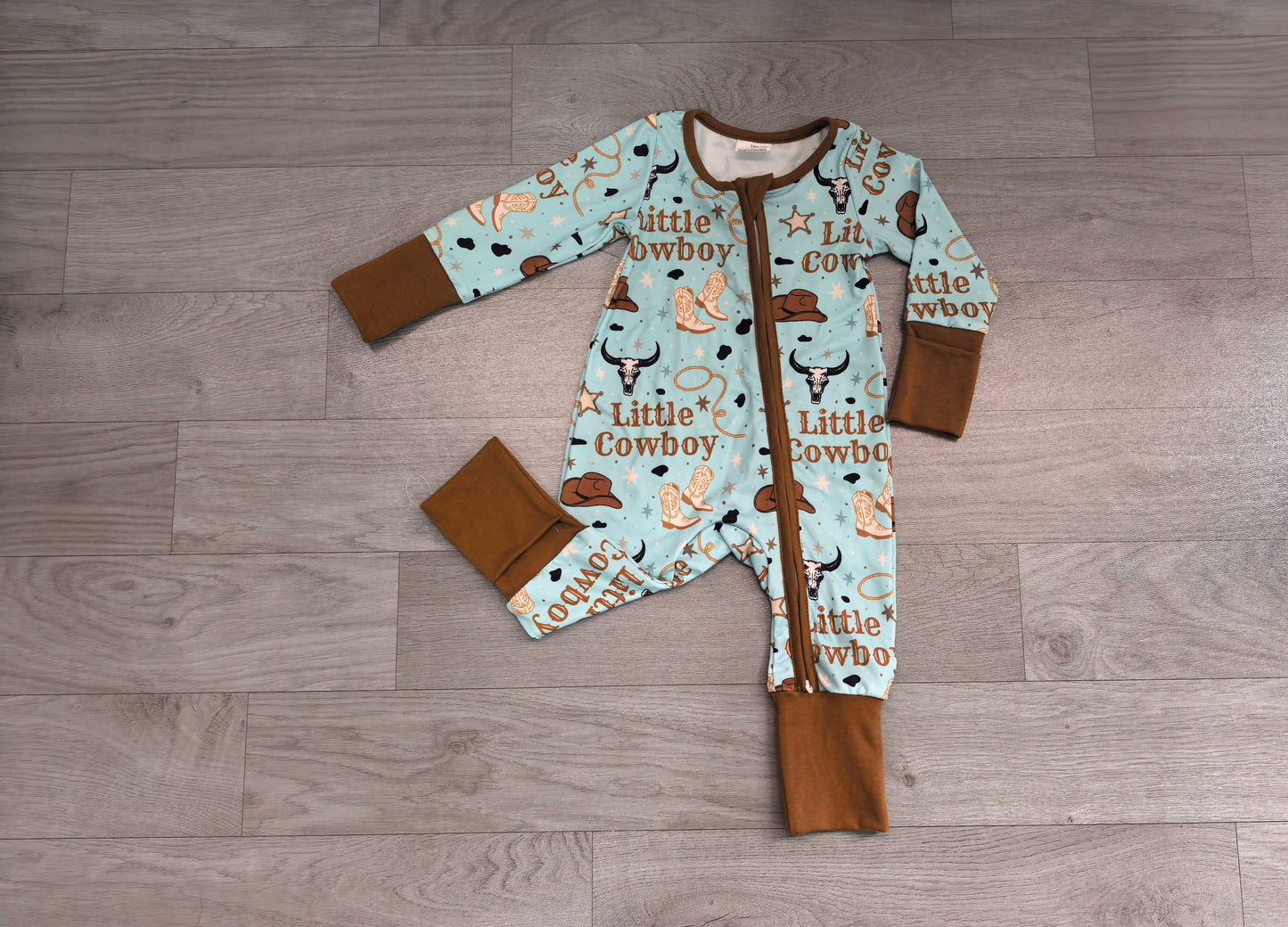 ( No moq ) Preorder Baby Boys Kids Long Sleeves Western Little Cowboy Zipper Footie Sleeper Romper