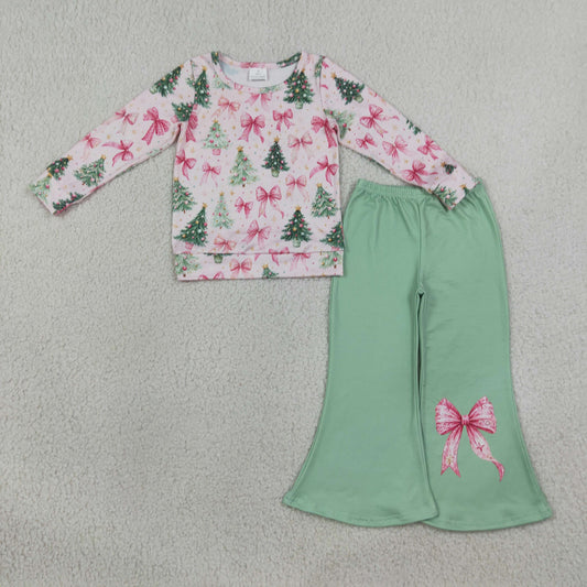 Baby Girls Kids Long Sleeves Christmas Bows Tree Shirt Green Pants Set Clothes RTS
