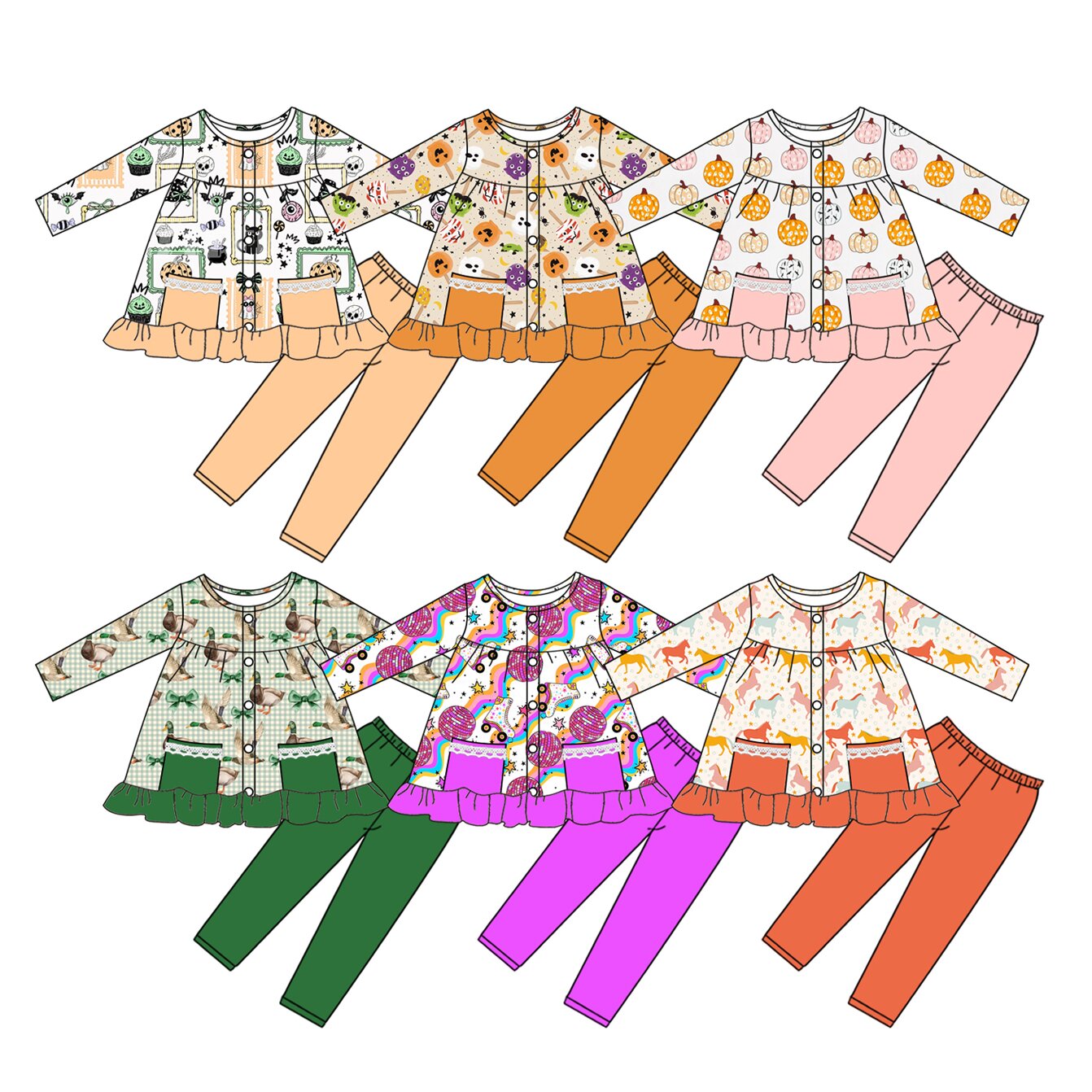 ( Moq 5 Each Style ) Sibling Baby Girls Kids Pumpkins Bows Ducks Tunic Pants Sets Fall Clothes
