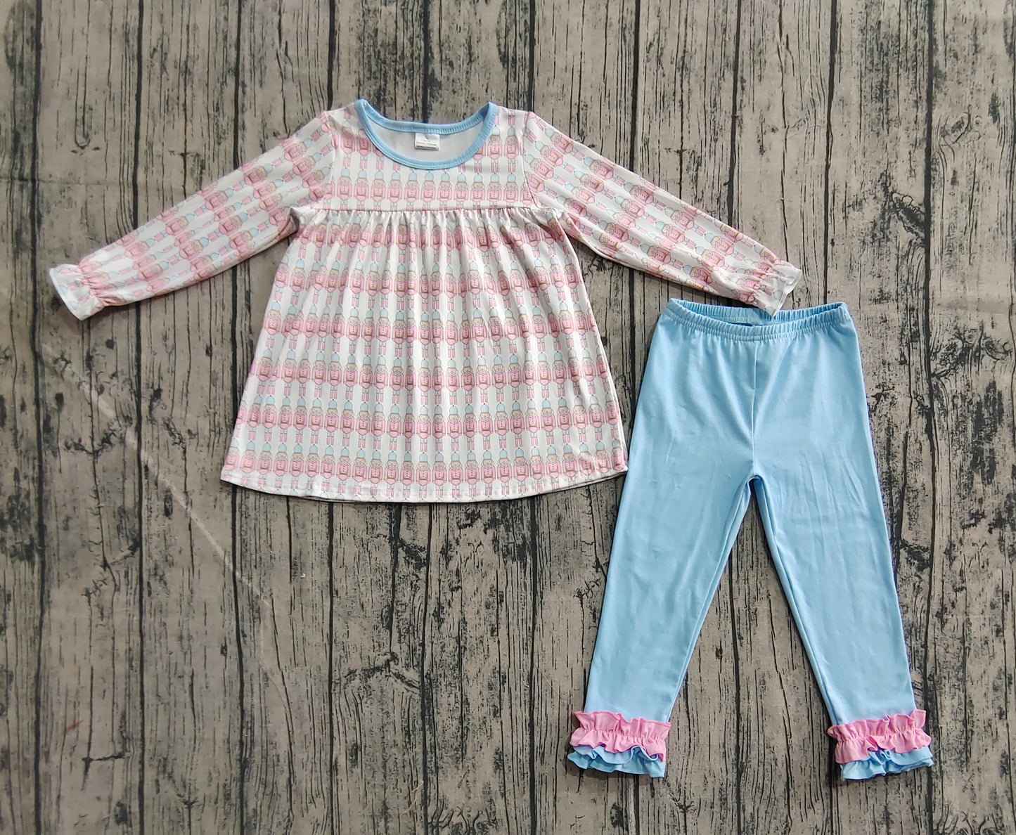 Baby Girl Long Sleeves Soldier Christmas Tunic Blue Ruffle Pants Set RTS