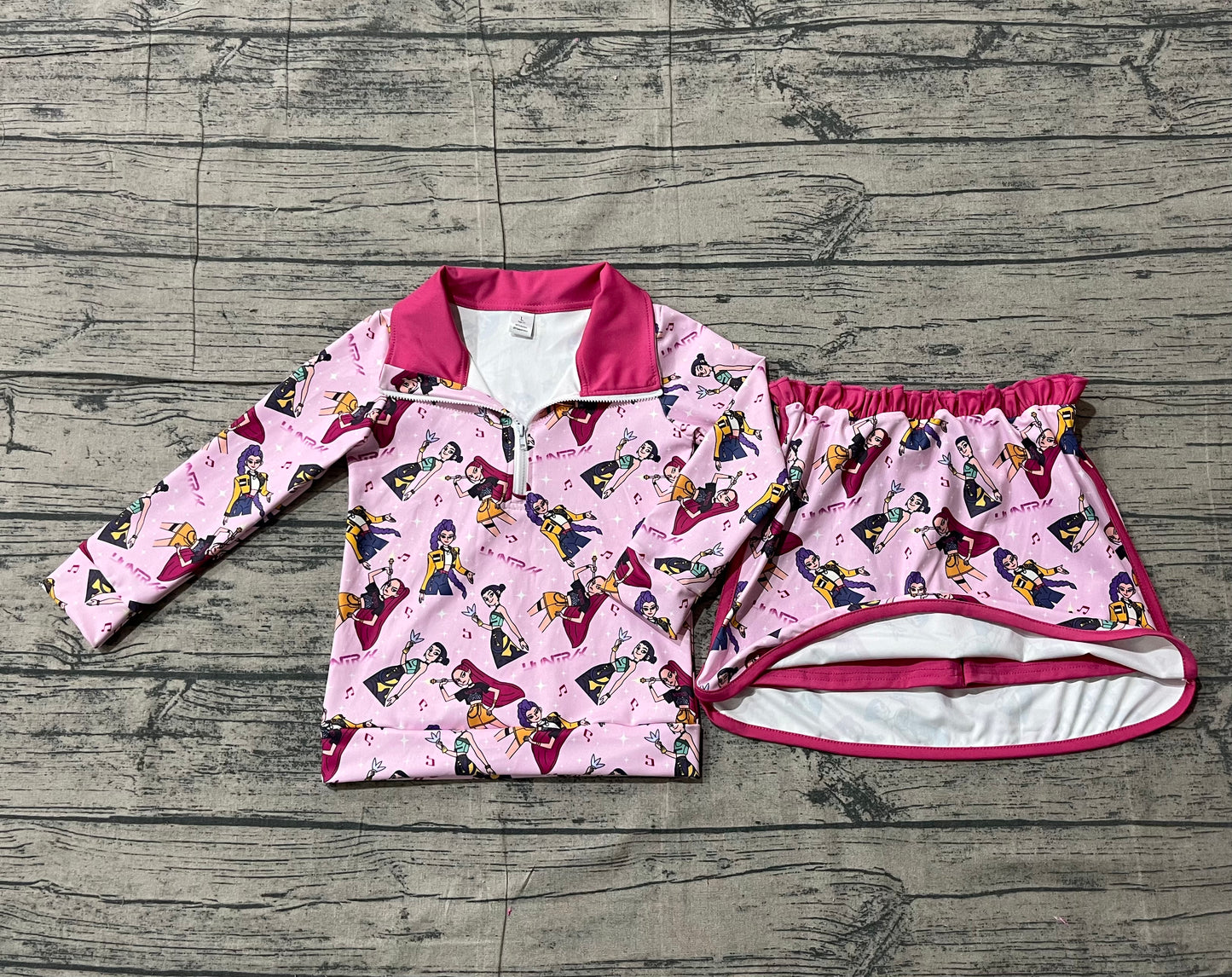 Baby Girls Singer Characters Zipper Shirt Skirt Shorts Yoga Pink Clothes Set RTS