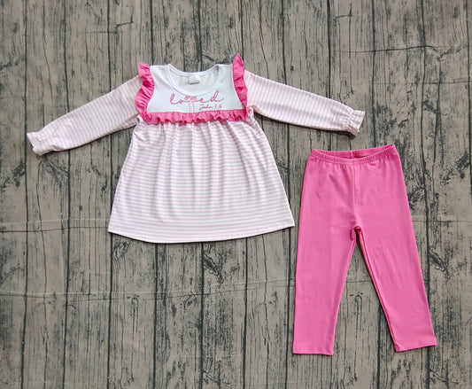 ( No moq ) Preorder Girls Kids Long Sleeves Embroidery Bows Stripes Tunic Pink Pants Valentine's Day Set