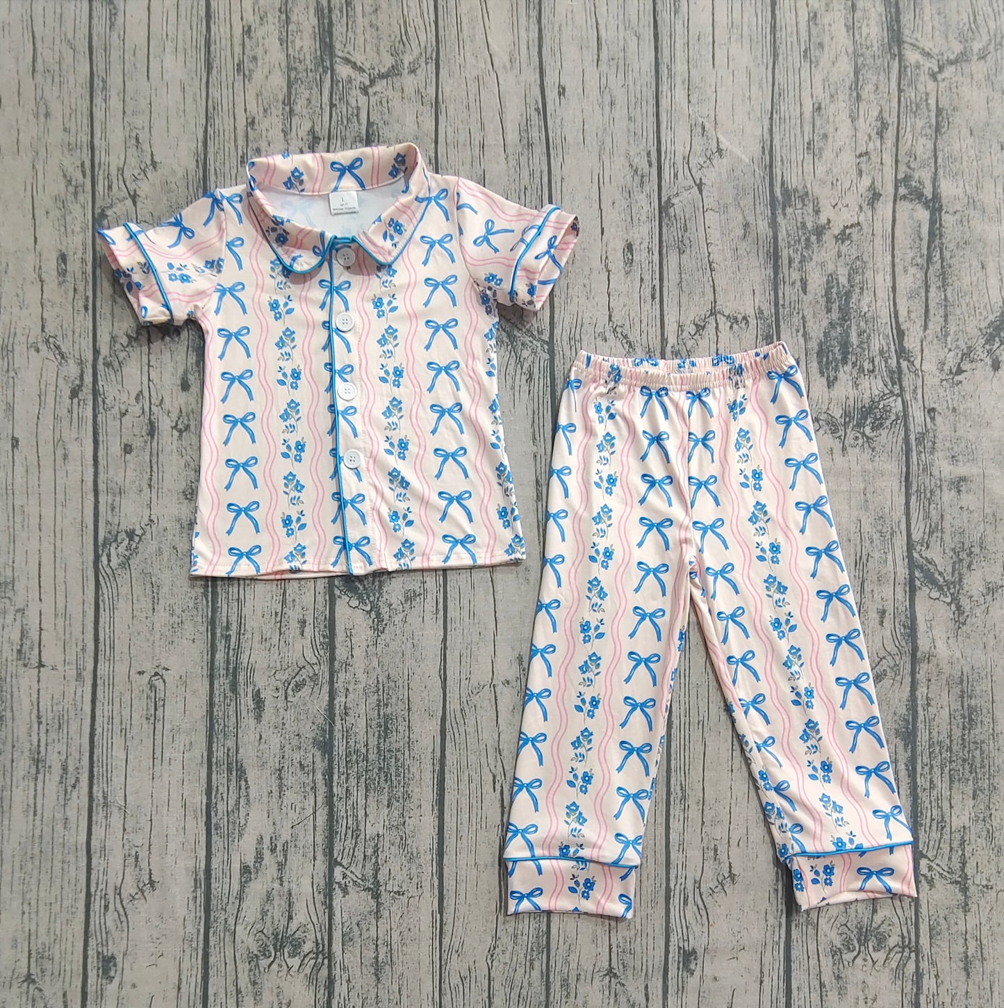 Baby Girl Short Sleeves Blue Bows Flower Buttons Shirt Pants Pajamas Set RTS