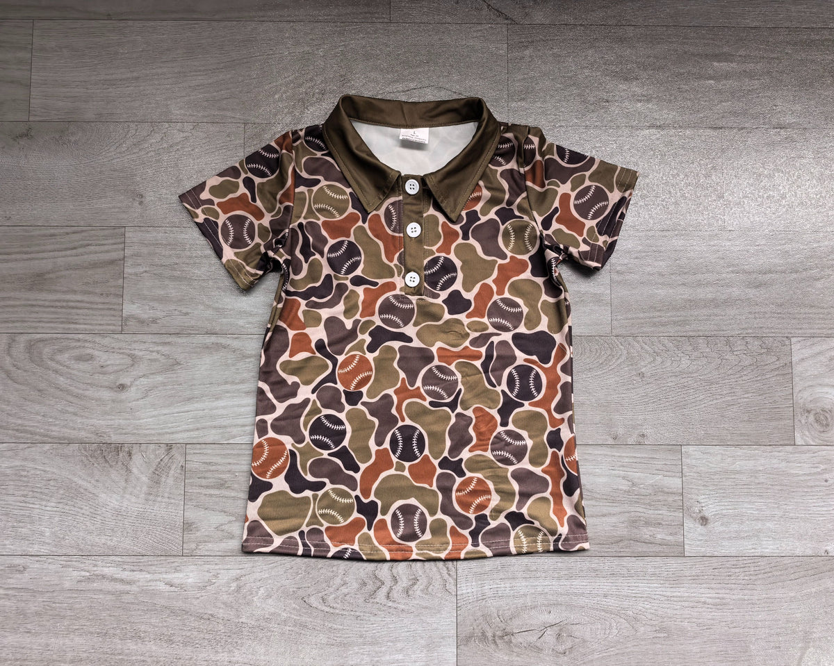 ( No moq ) Preorder Baby Boys Kids Short Sleeves Buttons Shirt Tops Baseball Camo Clothes
