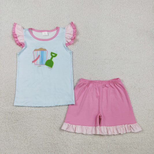 Sibling Baby Girls Kids Short Sleeves Embroidery Beach Shirts Ruffle Shorts Summer Sets RTS