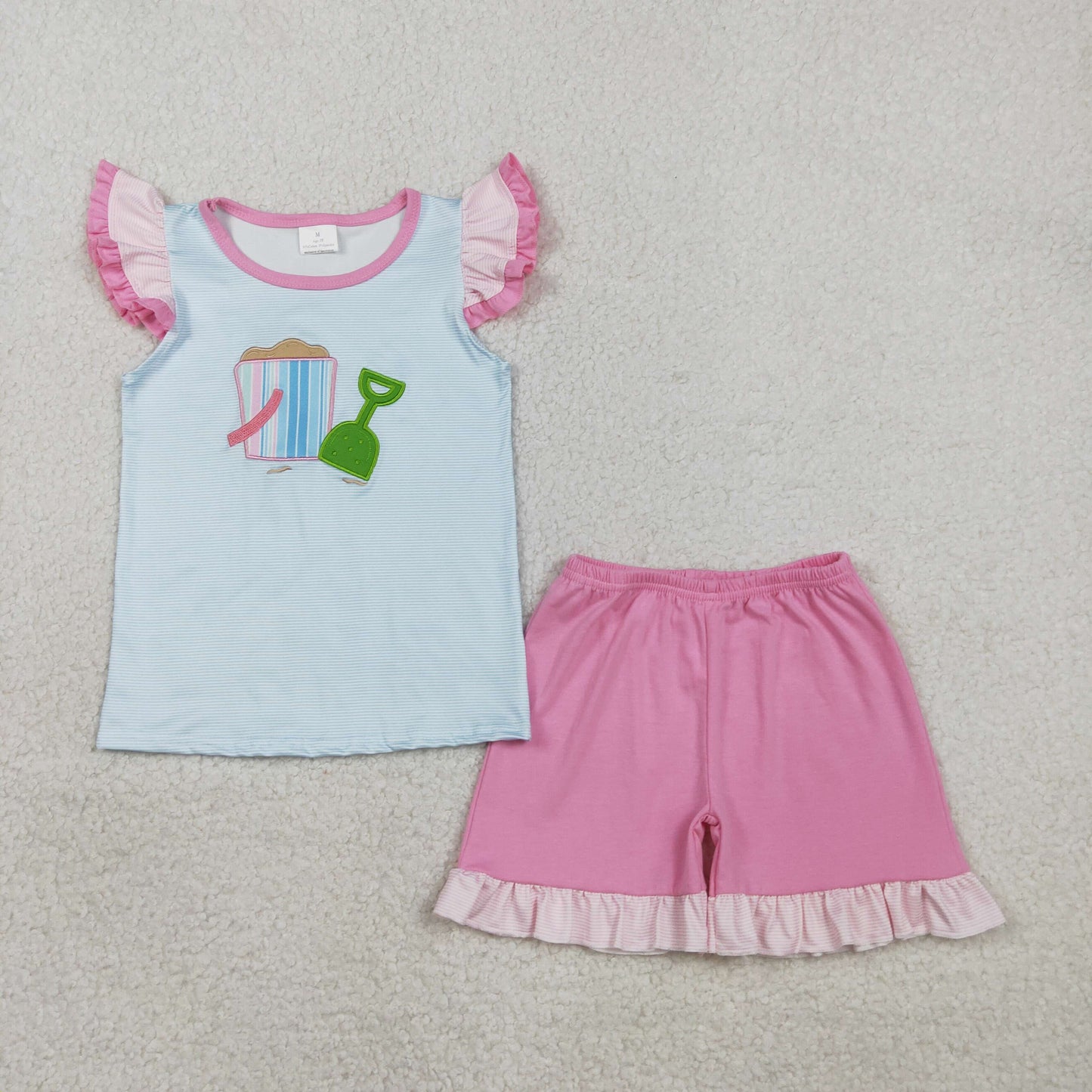 Baby Girls Kids Short Sleeves Embroidery Beach Shirt Pink Ruffle Shorts Set RTS