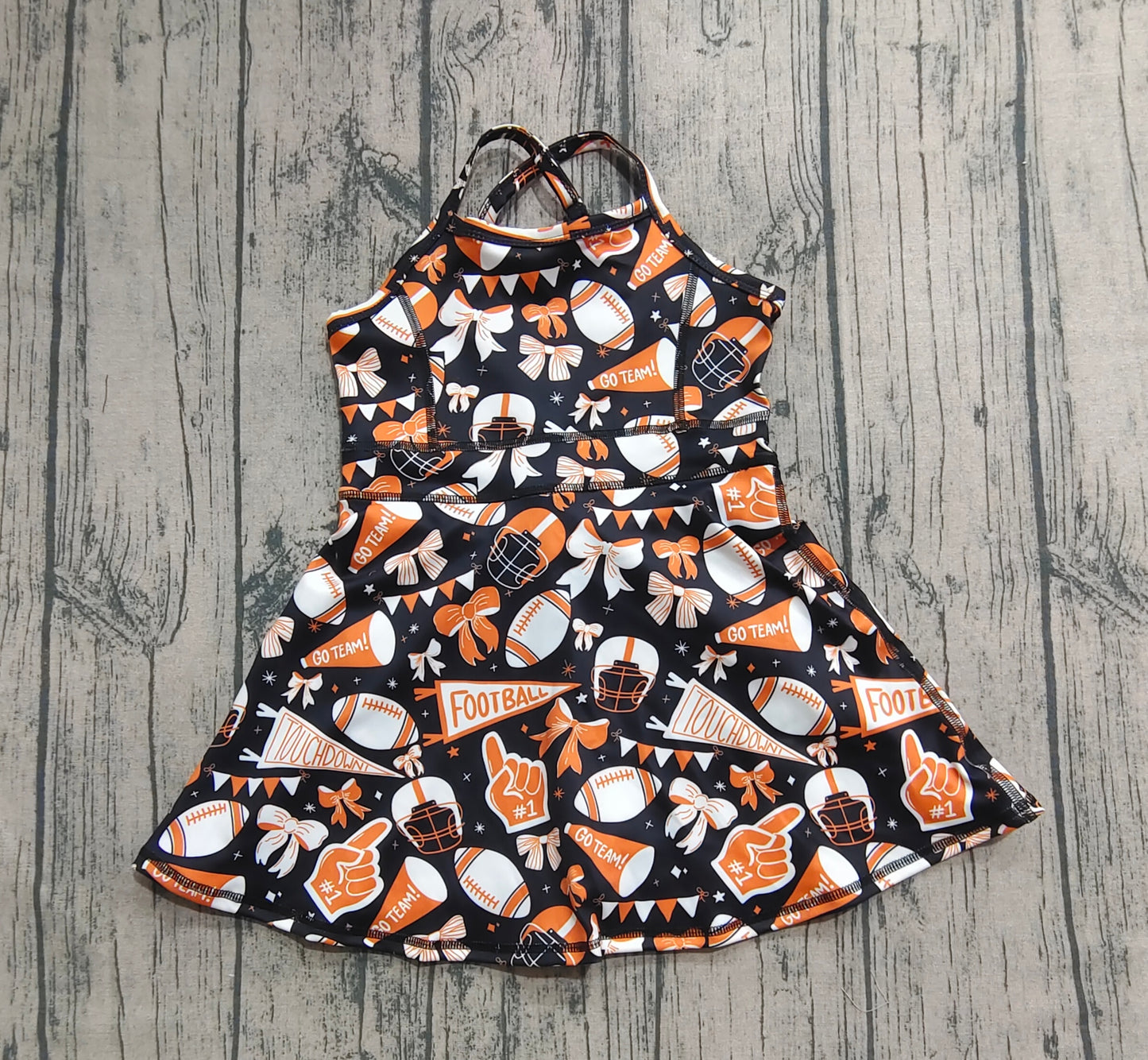 Baby Girl Sleeveless Orange Football Bows Cheer Summer Yoga Active Dress RTS