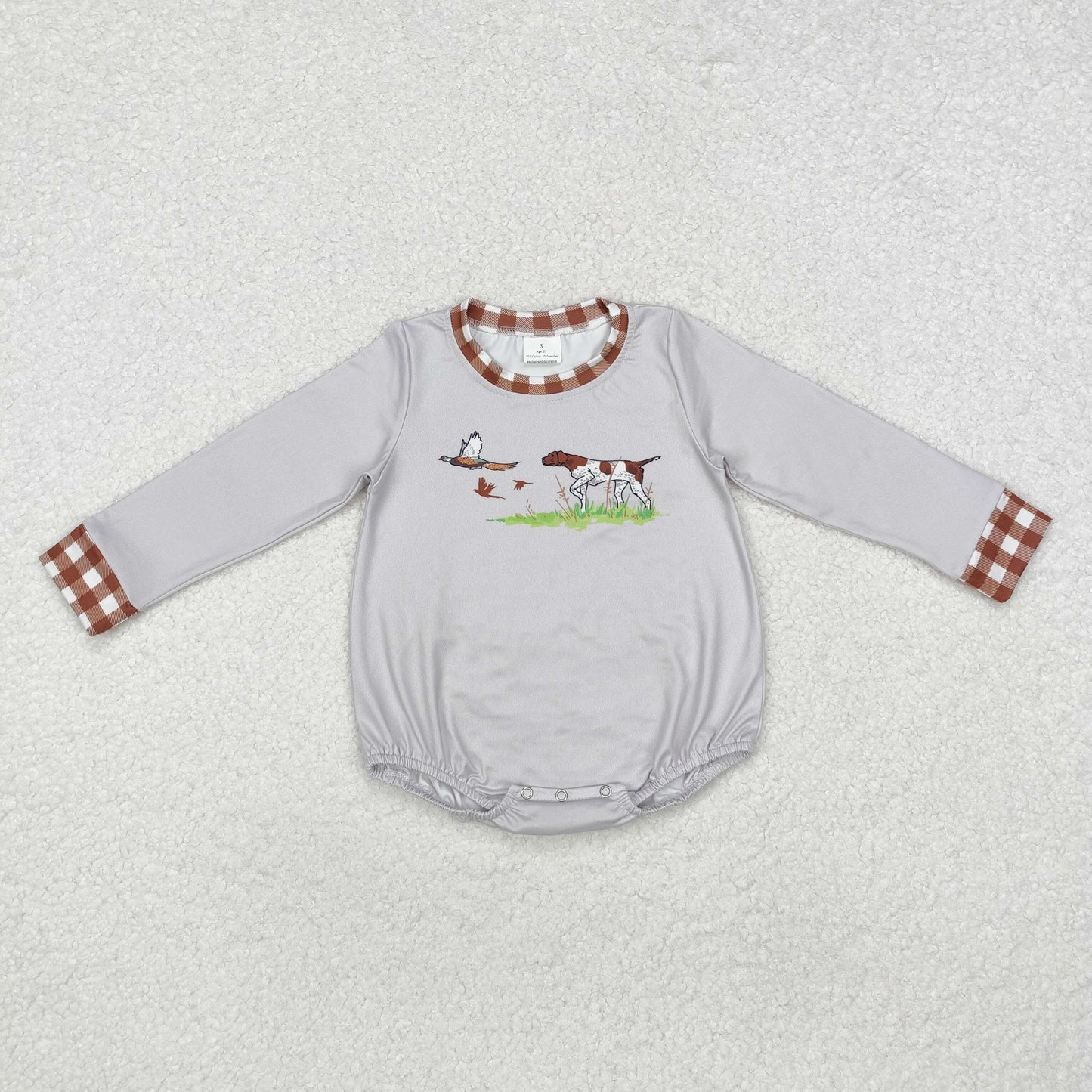 Baby Girl Infant Long Sleeves Dog Duck Hunting Grey Bubble Romper