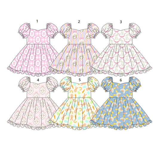 ( Moq 5 Each Style ) Sibling Baby Girls Kids Short Sleeves Rabbits Carrots Easter Knee Length Dresses