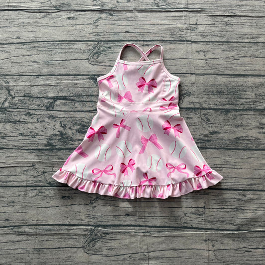 ( No moq ) Preorder Baby Girl Straps Pink Bows Baseball Activity Wear Yoga Knee Length Dress