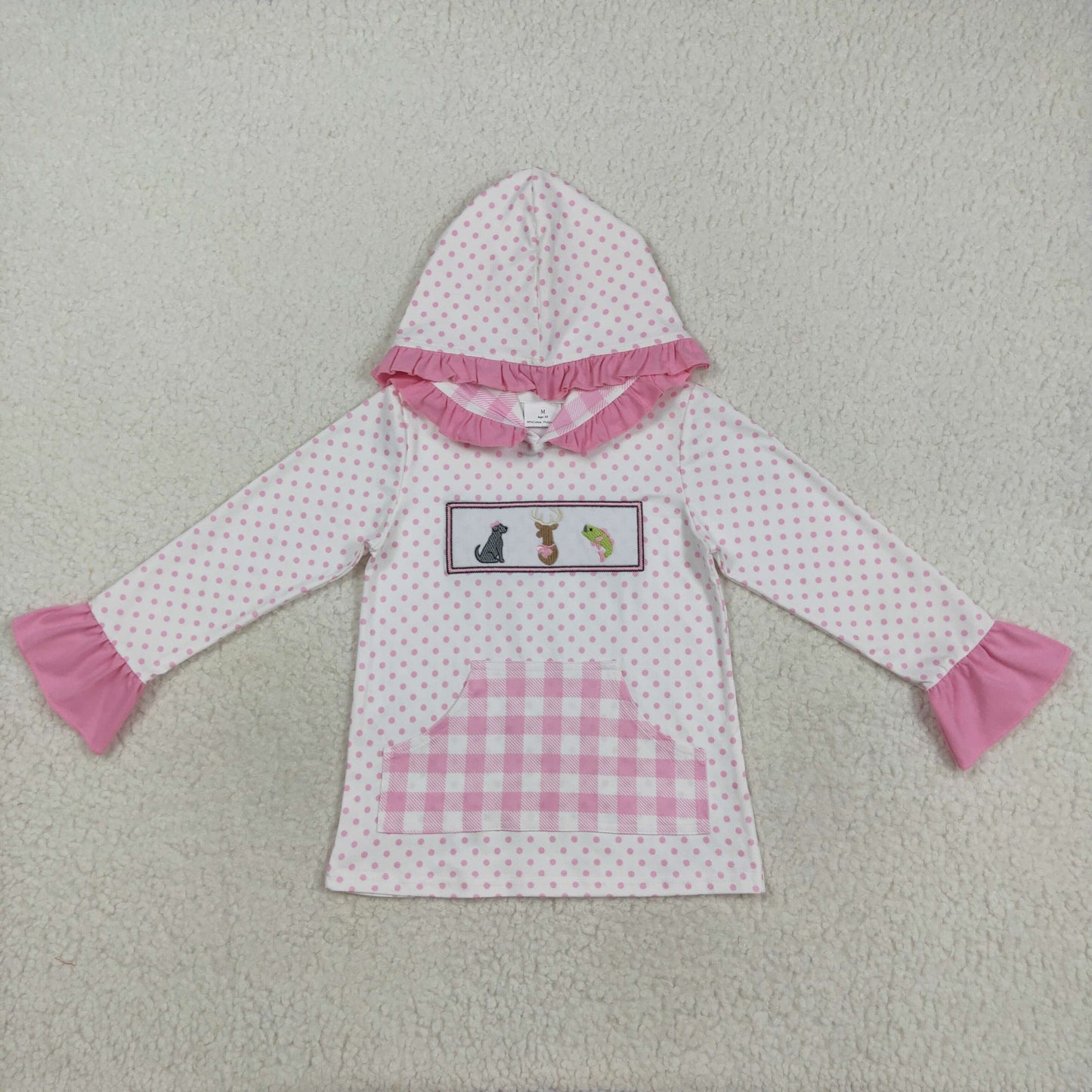 Baby Girl Long Sleeves Embroidery Dog Deer Fish Pink Plaid Pocket Hoodie Shirt RTS
