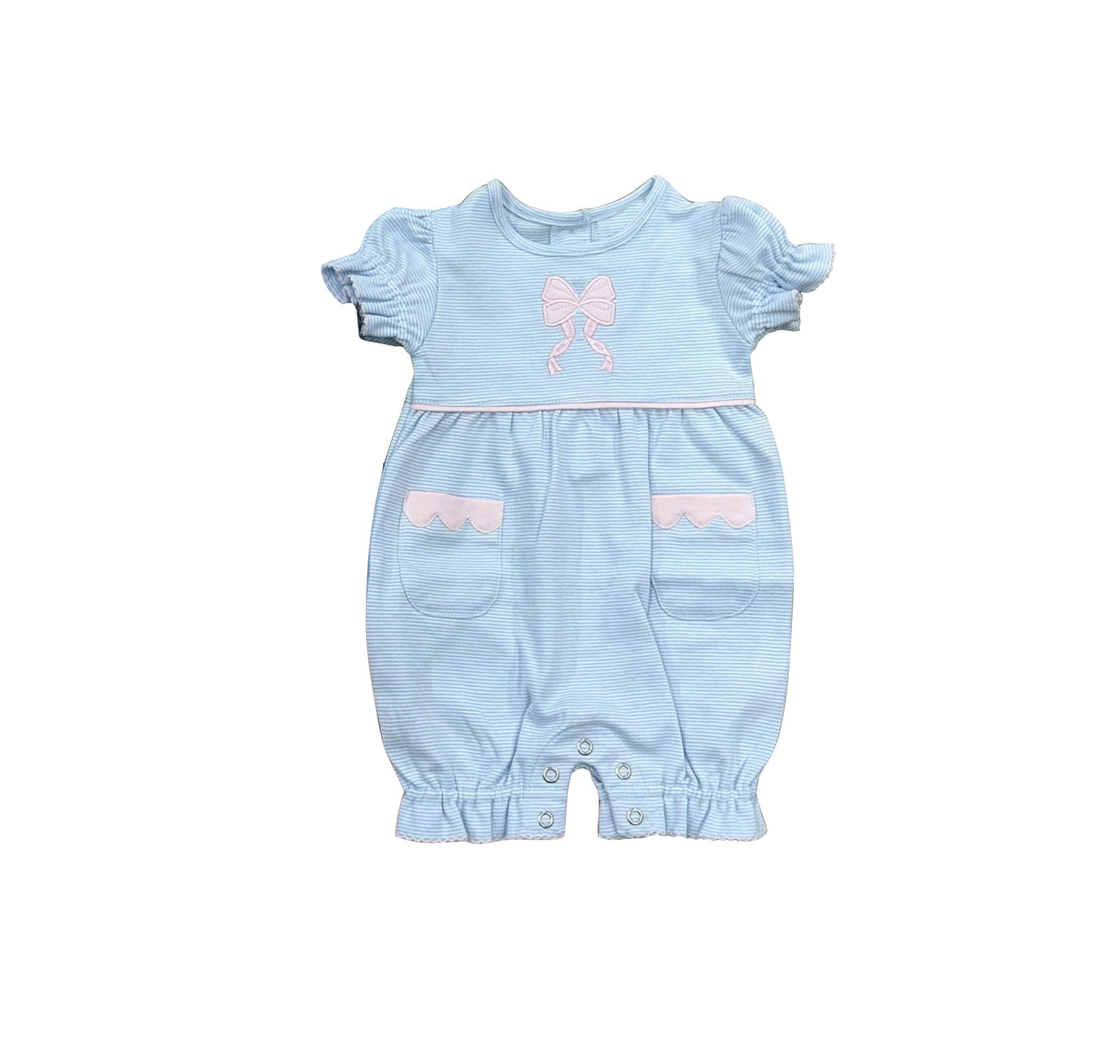 ( Moq 5 ) Preorder Baby Girls Infant Short Sleeves Bows Pockets Blue Stripes Romper Clothes