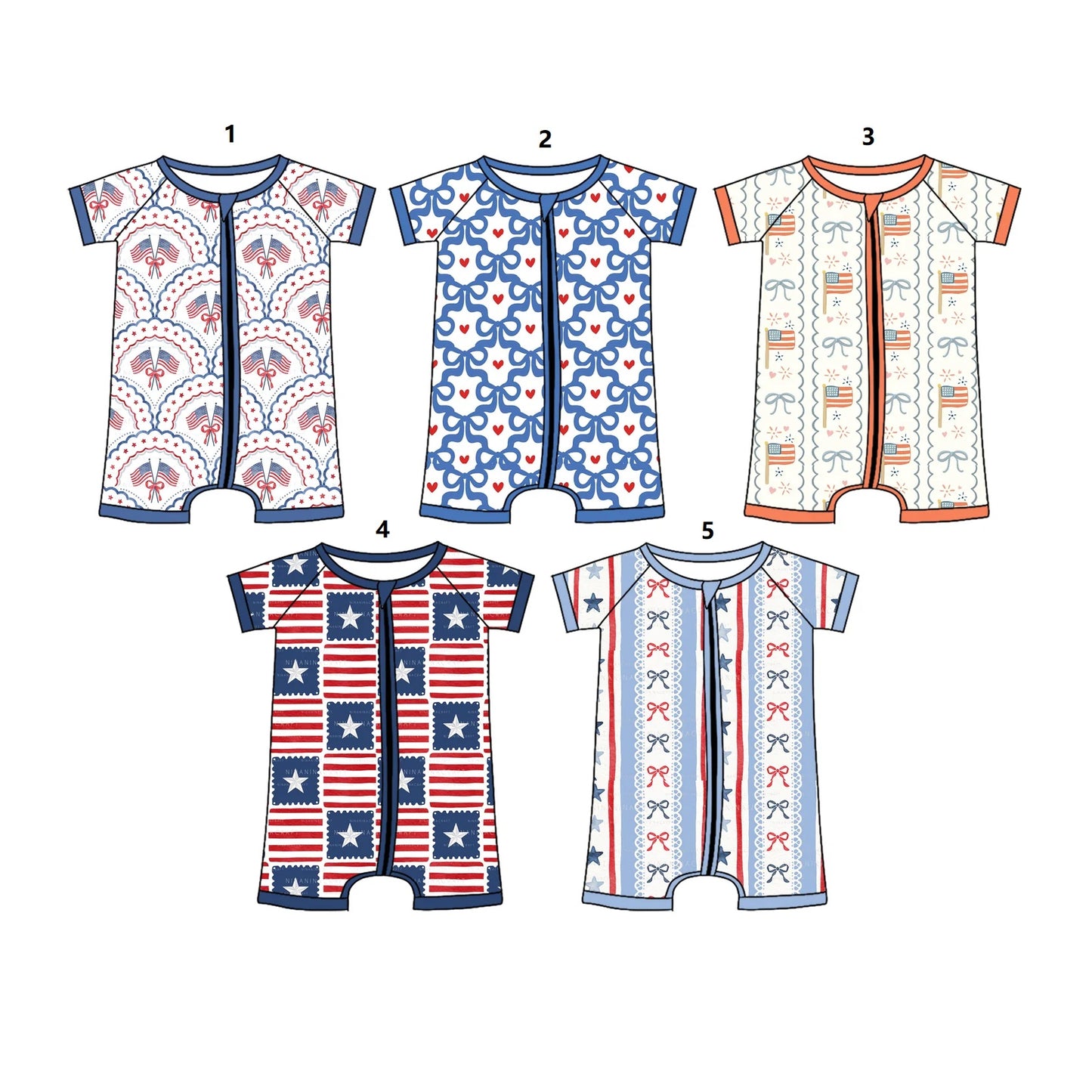( Moq 5 Each Style ) Baby Boys Infant Flags Stars Bows Sibling 4th of July Zipper Rompers