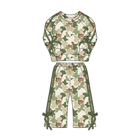 ( Moq 5 ) Preorder Baby Girls Kids Deer Camo Green Bows Shirt Pockets Pants Set Clothes
