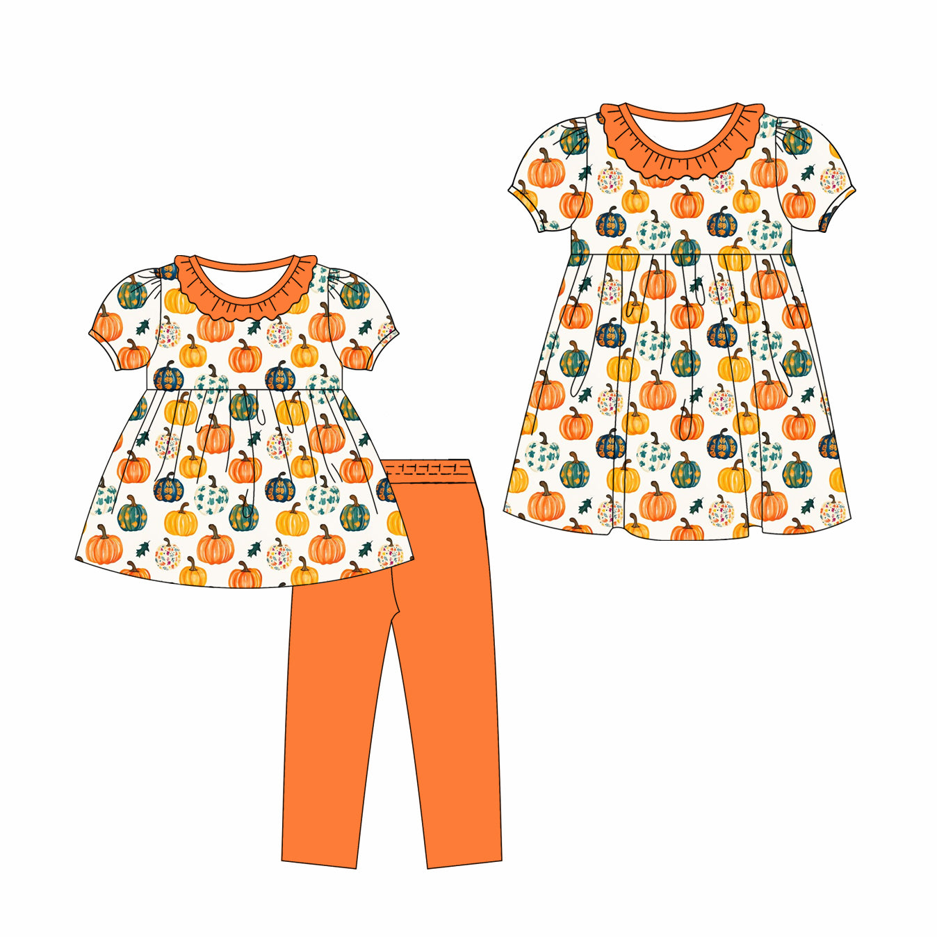 ( Moq 5 Each Style ) Sibling Baby Girls Kids Short Sleeves Pumpkins Leaves Dress Set Fall Clothes