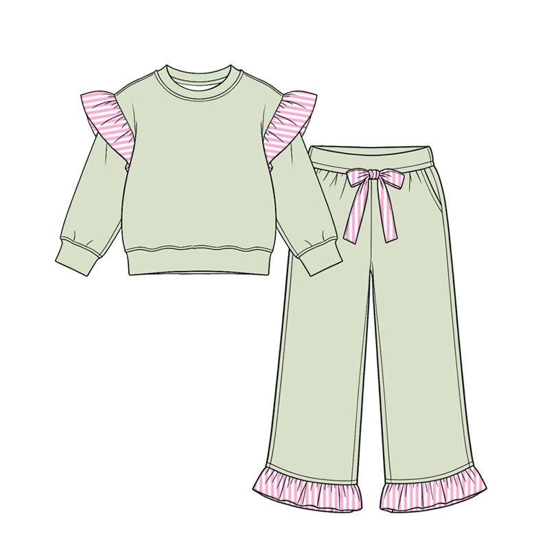 ( Moq 5 ) Preorder Baby Girls Kids Long Sleeves Tops Pockets Pants Cotton Set Light Green Clothes