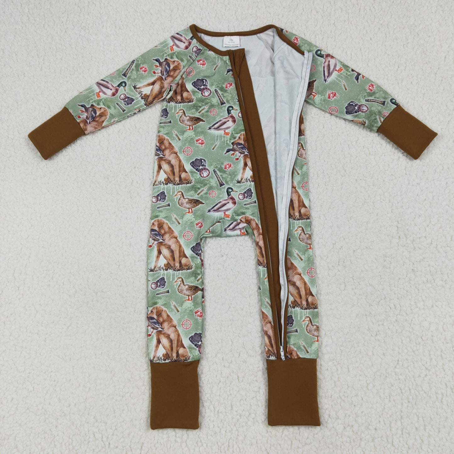 Baby Boy Long Sleeves Dogs Ducks Baseball Zipper Green Romper RTS