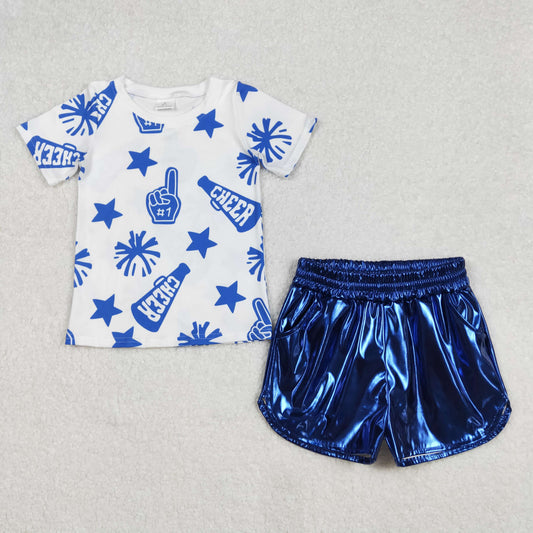 Baby Girl Short Sleeves Cheer Team Shirt Blue Leather Shorts Clothes Set RTS