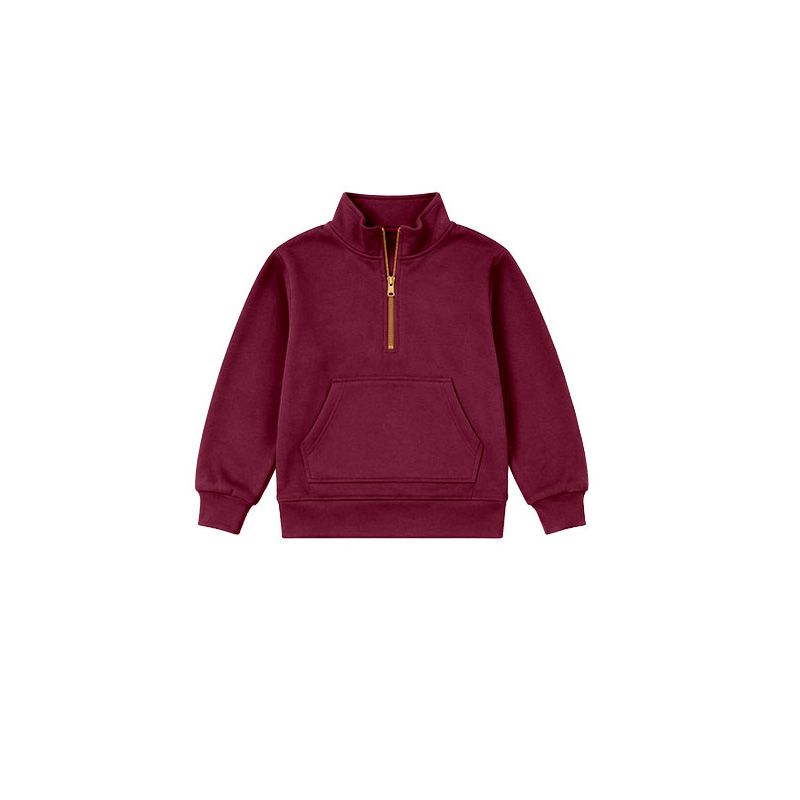 ( Moq 5 ) Preorder Toddler Girls Long Sleeves Dark Red Half Zip Collar Sweatshirt Athletic Tops