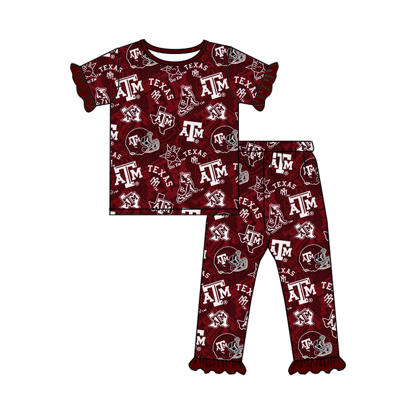 Baby Girl Short Sleeves Dogs Team Shirt Pants Pajamas Clothes Set ( Moq 5 )