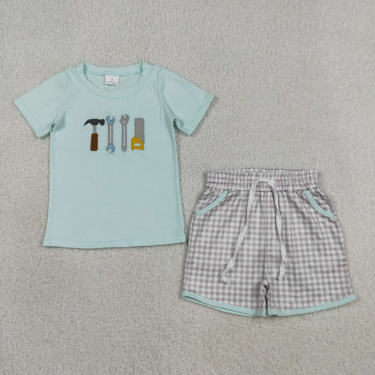 Baby Boys Kids Short Sleeves Embroidery Tools Shirt Plaid Pockets Shorts Clothes Set RTS