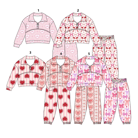 ( Moq 5 Each Style ) Sibling Baby Girls Long Sleeves Hearts Bows Zipper Shirt Pants Valentine Sets