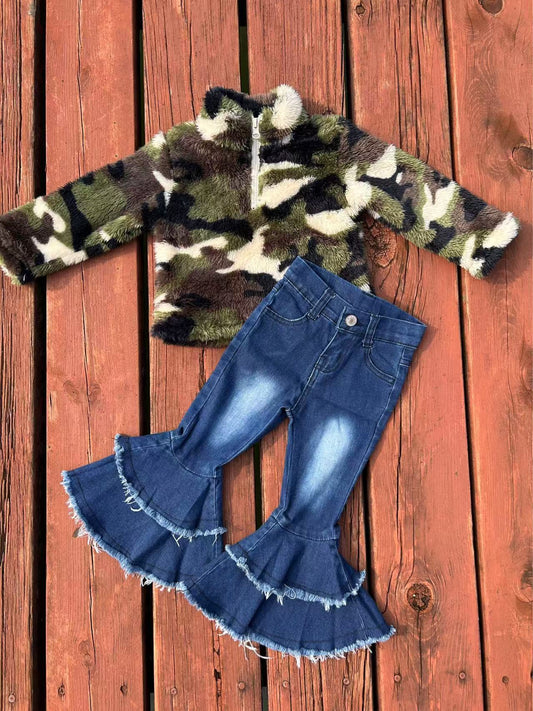 Baby Girl Long Sleeves Camo Zipper Coat Denim Bell Pants Set