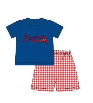 Baby Boy Short Sleeves Team Shirt Red Plaid Short Clothes Set ( Moq 5 )