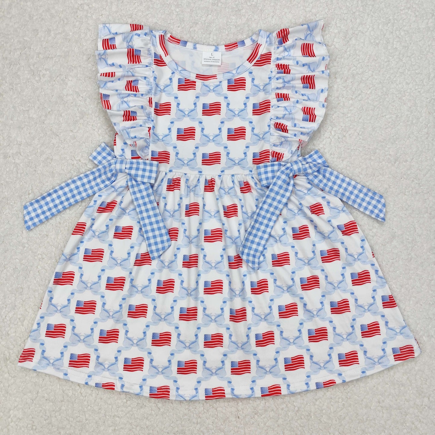 Baby Girl Short Sleeves Blue Bows Flag Knee Length July 4th Dress RTS