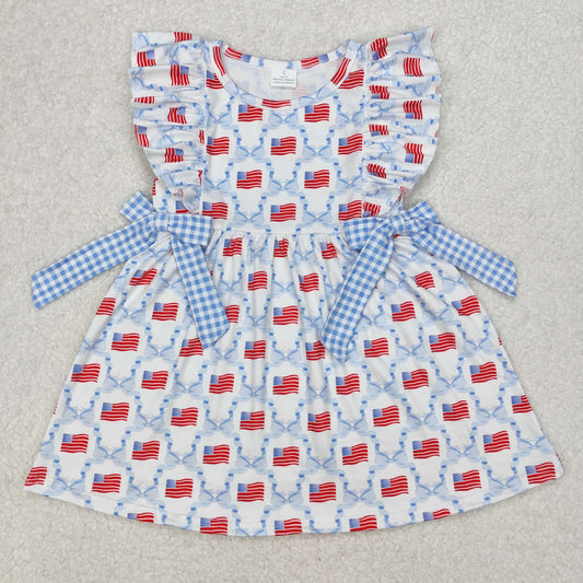 Baby Girl Short Sleeves Blue Bows Flag Knee Length July 4th Dress RTS