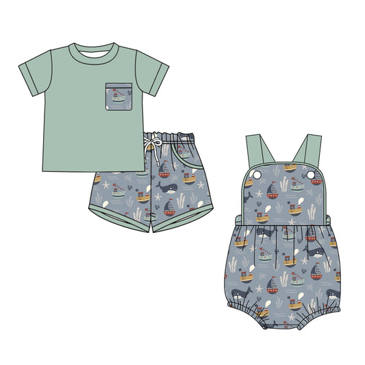 ( Moq 5 Each Style ) Baby Boys Kids Boats Sibling Grey Summer Green Romper Set