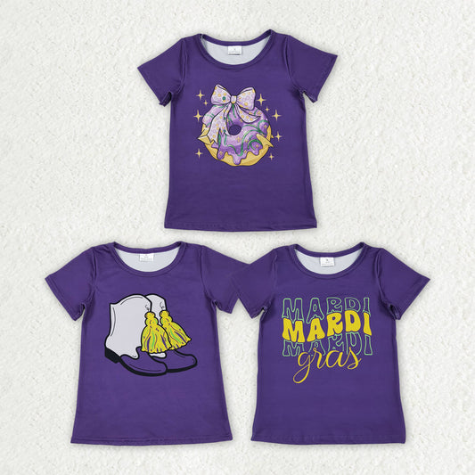 Sibling Baby Girls Purple Short Sleeves Bows Boots Donuts Mardi Gras Shirts Tops