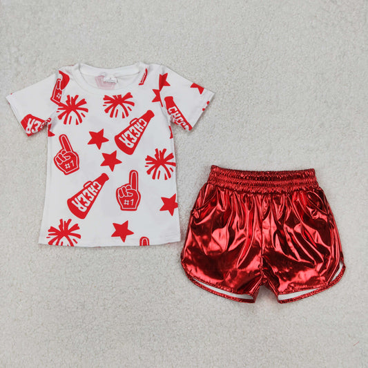 Baby Girl Short Sleeves Cheer Shirt Red Leather Shorts Clothes Set RTS