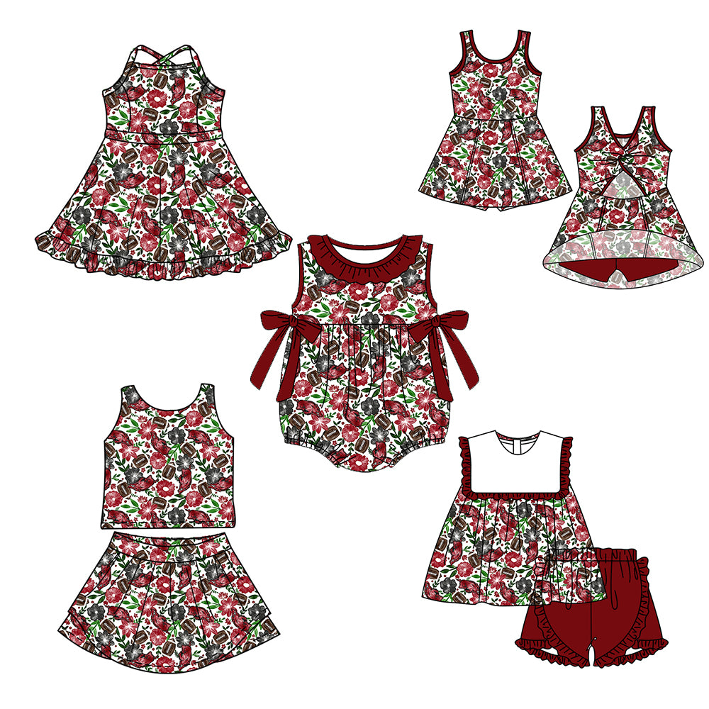 ( Moq 5 Each Style ) Baby Girls Kids Sleeveless Football Flower Pigs Bows Sibling Romper Dresses Sets