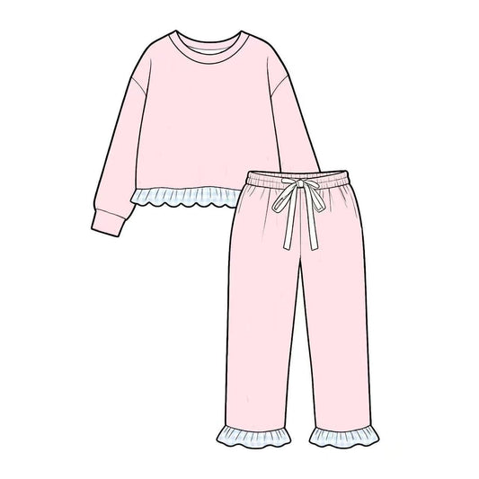 ( Moq 5 ) Preorder Baby Girls Kids Long Sleeves Ruffle Shirt Pants Light Pink Set Cotton Clothes