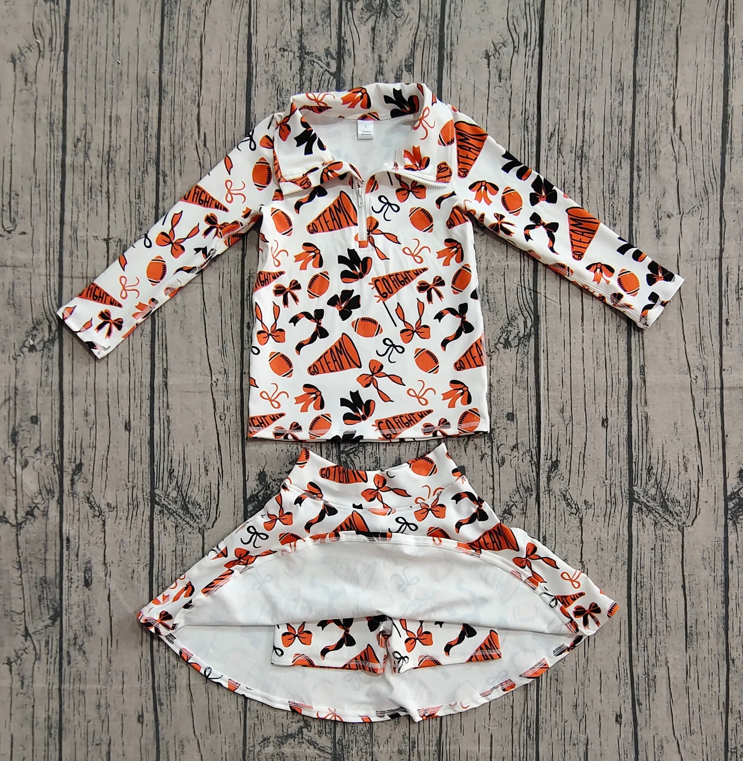 ( No moq ) Preorder Girls Kids Bows Orange Football Zipper Shirt Yoga Active Skorts Team Clothes Set