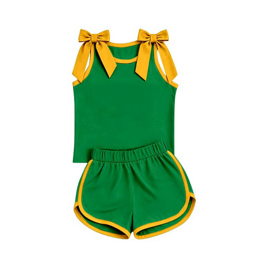 ( Moq 5 ) Preorder Baby Girls Kids Sleeveless Bows Shirt Shorts Green Set Summer Clothes