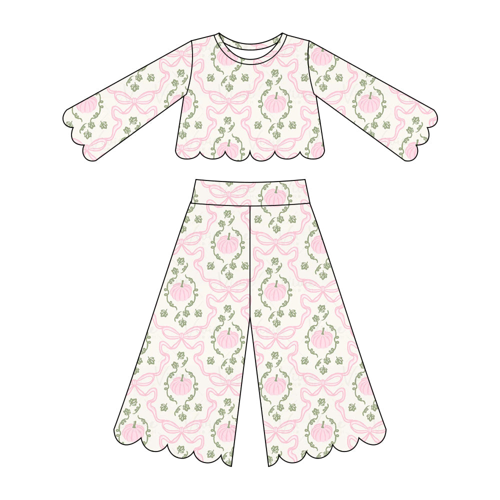 ( Moq 5 ) Preorder Baby Girls Kids Pink Pumpkins Bows Shirt Scallop Pants Set Fall Clothes