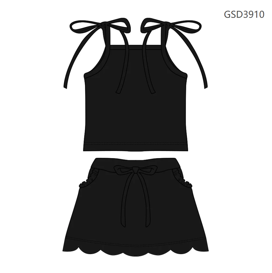 ( Moq 5 ) Preorder Baby Girls Straps Black Tops Pockets Scallop Skirt Shorts Set Clothes