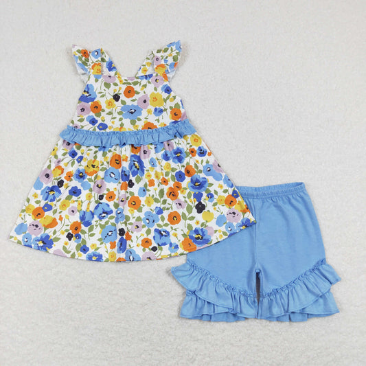 GSSO0494 Baby Girl Short Sleeves Floral Tunic Blue Ruffle Shorts Set