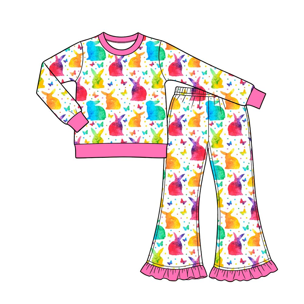 ( Moq 5 ) Preorder Baby Girls Kids Long Sleeves Rabbits Shirt Pants Easter Set Clothes