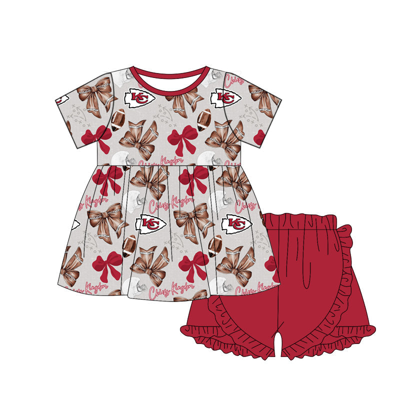 Baby Girl Short Sleeves Bows Football Team Tunic Red Ruffle Shorts Set Moq 5
