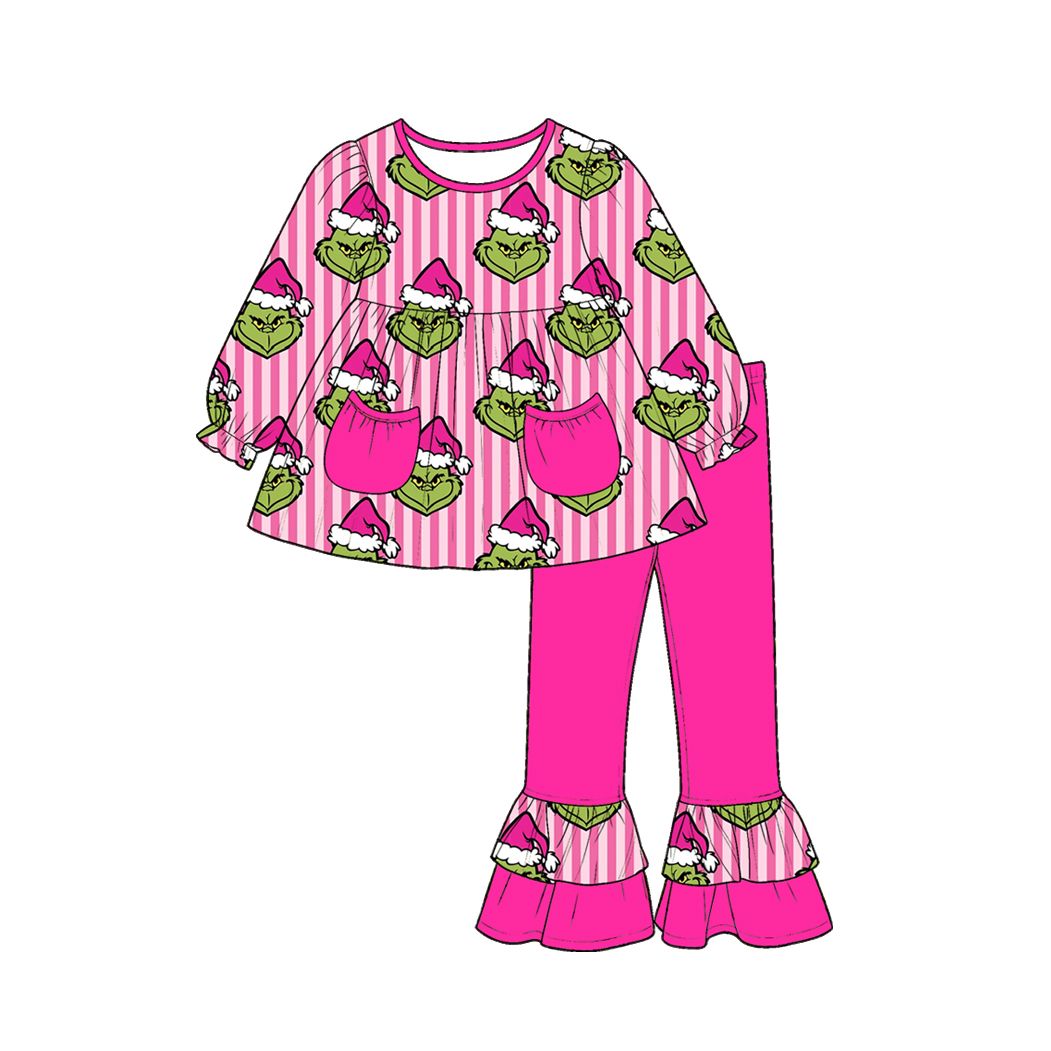 ( Moq 5 ) Preorder Baby Girl Kids Christmas Green Face Stripes Pockets Tunic Pink Pants Set Clothes