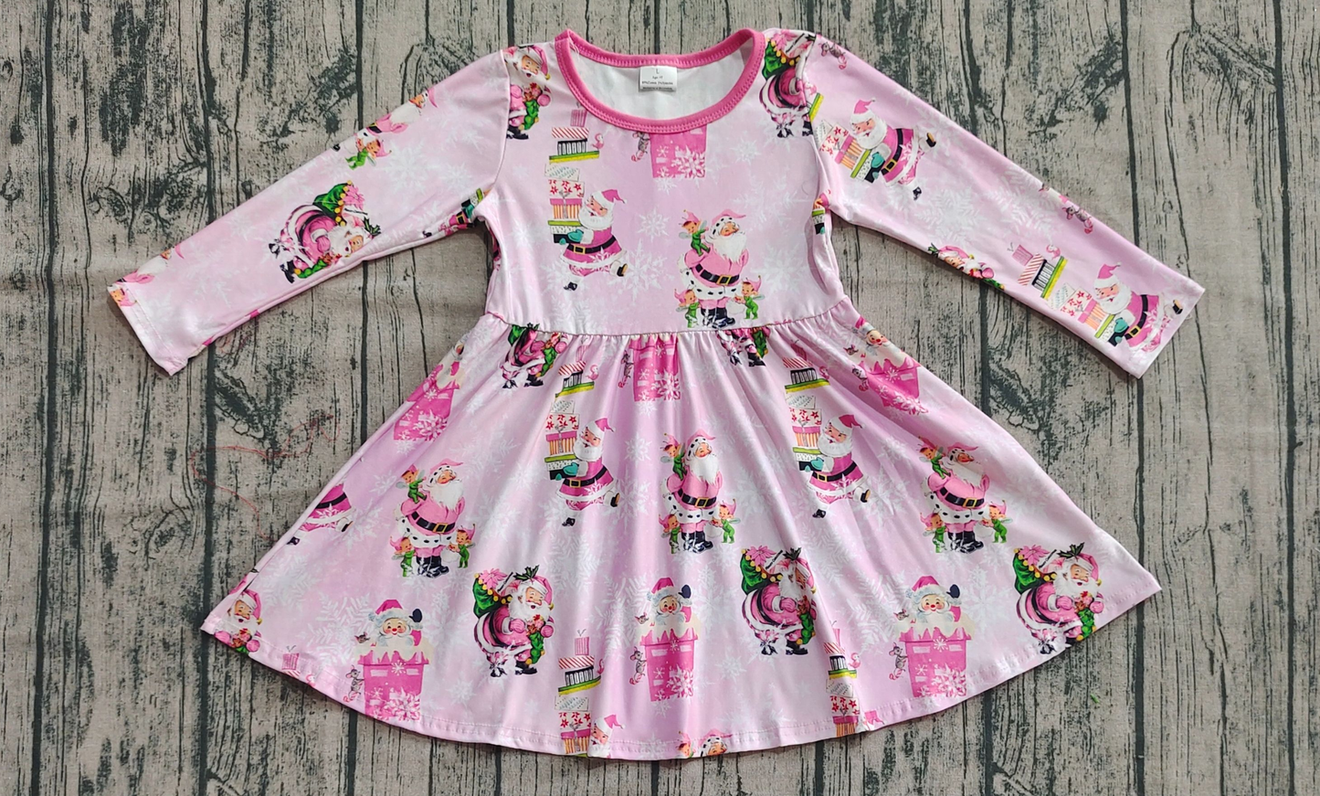 Baby Girl Infant Long Sleeves Christmas Santa Pink Knee Length Dress RTS