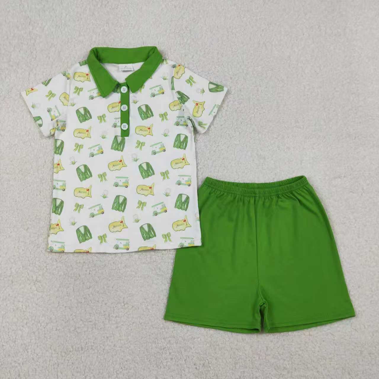 Sibling Baby Boys Girls Short Sleeves Golf Buttons Green Knee Length Dress Set RTS
