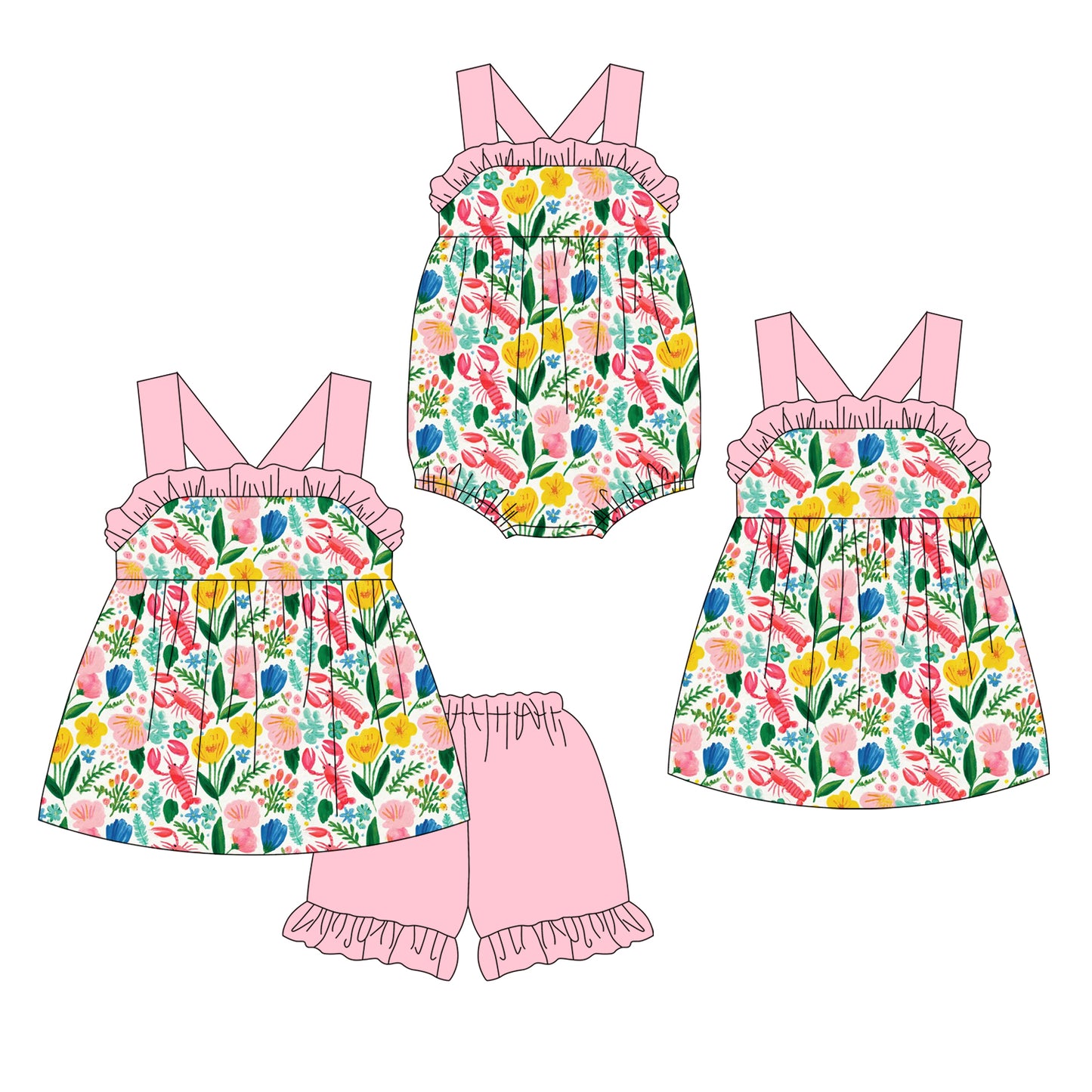 ( Moq 5 Each Style ) Sibling Baby Girls Kids Flower Crayfish Romper Dress Set Summer Clothes