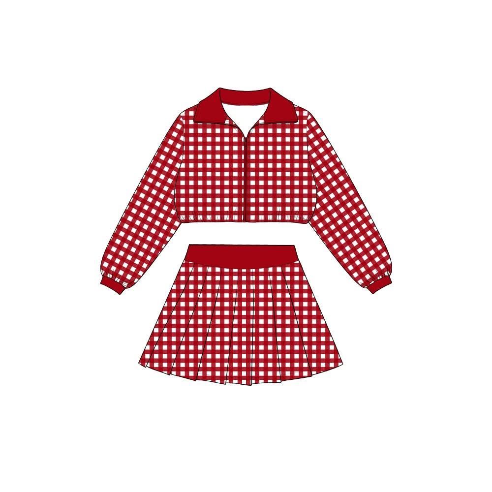 ( Moq 5 ) Preorder Baby Girls Kids Long Sleeves Red Plaid Zipper Shirt Skirt Shorts Set Yoga Active Clothes